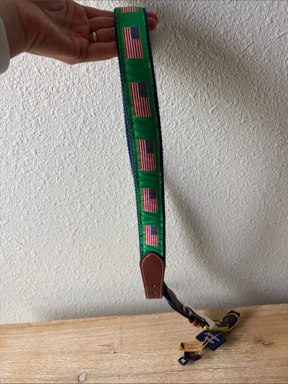 NWT Green American Flag Ribbon Belt with Brown Leather Trim